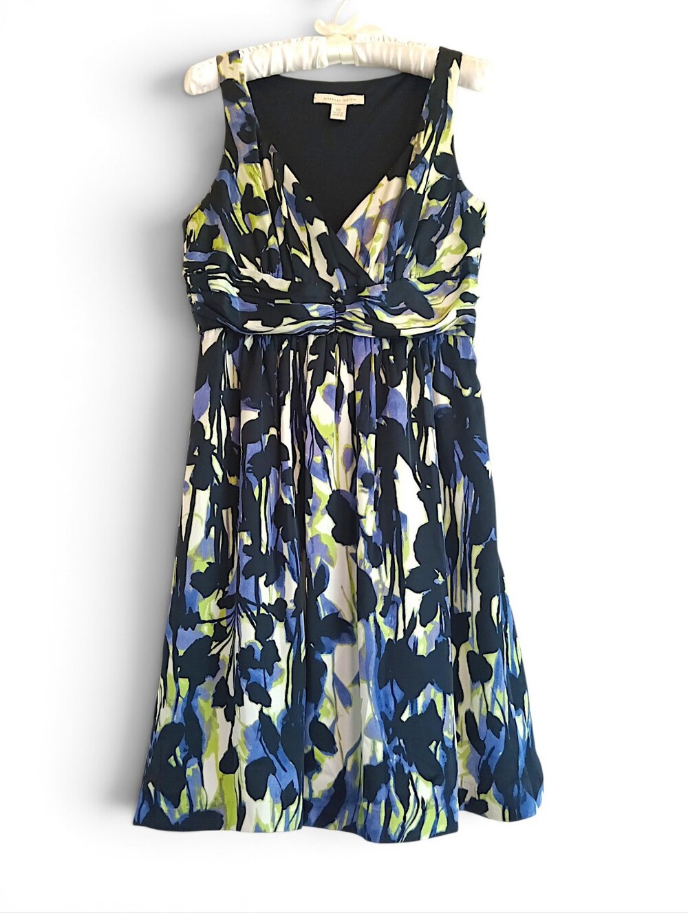 Watercolor Floral Mini Dress Navy Blue Lime Green Gathered bust Flowy Knee Lengt